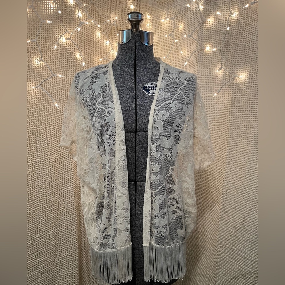 Abercrombie & Fitch Ivory/cream Lace Shawl Open Front Cardigan Fringed OS